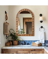 LuxenHome Natural Wood Frame Arch Rectangle Wall Mirror, 35.4” Tall Rustic Home Decor