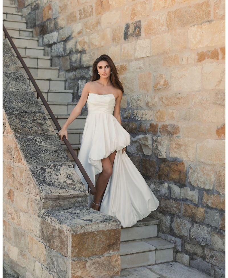 Mac Duggal Petite Strapless High-Low Satin Gown with Draped Skirt