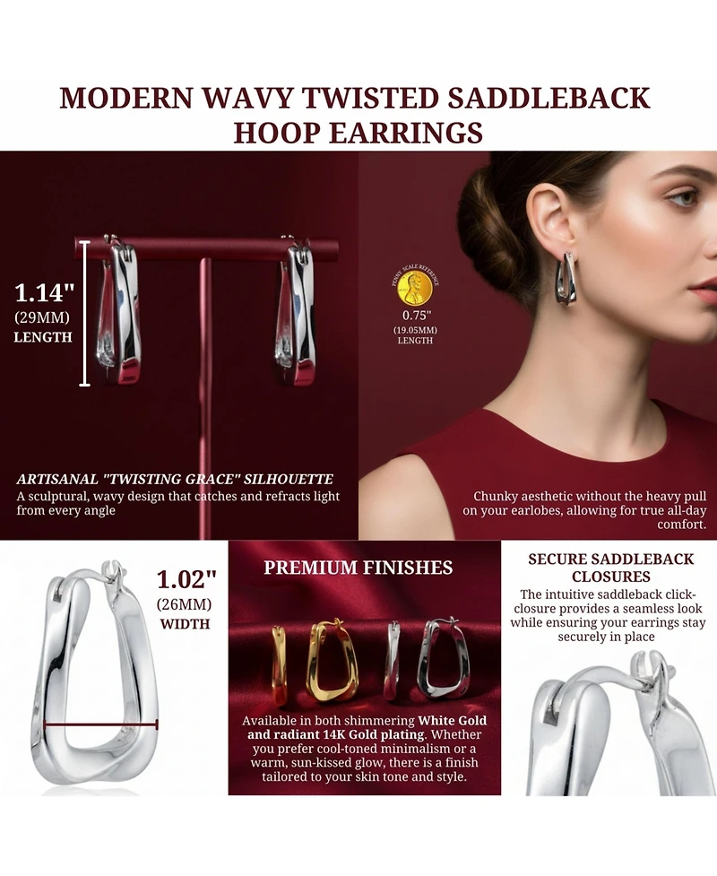 Wavy Twisted Hoop Earrings in White Gold Plated or 14K Gold Plated
