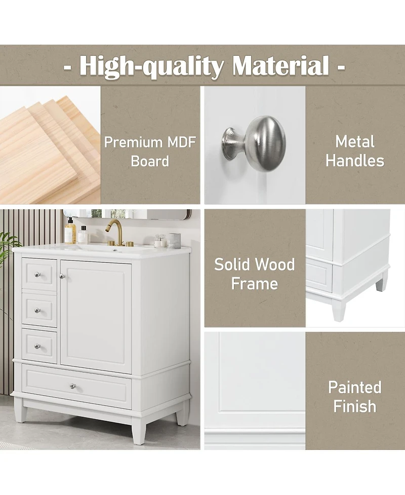 Sillysis 30'' Bathroom Vanity with Ceramic Sink, Solid Wood Frame, Multi-Drawer Storage & Soft Close Door for Modern Bathrooms