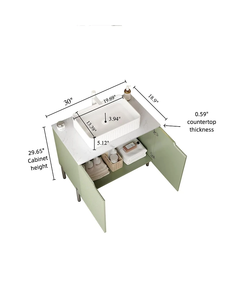 Sillysis 30'' Bathroom Vanity with Carrara Countertop, French Striped Ceramic Basin, Soft Close Doors & Large Storage for Modern Bathroom