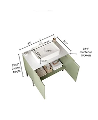 Sillysis 30'' Bathroom Vanity with Carrara Countertop, French Striped Ceramic Basin, Soft Close Doors & Large Storage for Modern Bathroom