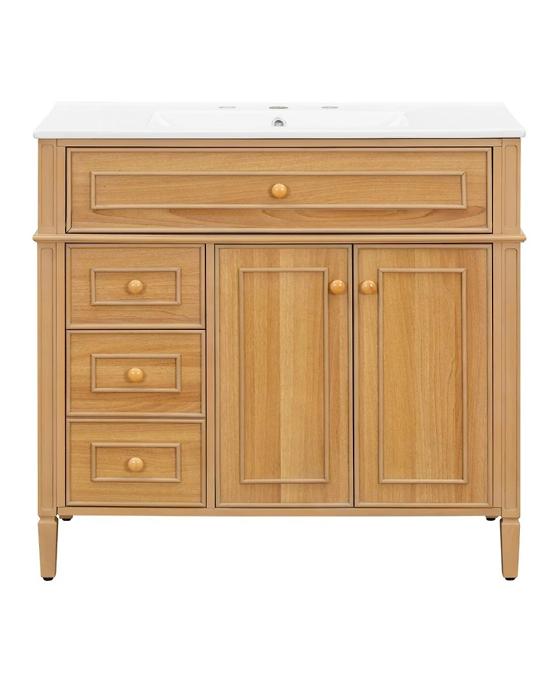 Sillysis 36'' Solid Wood Bathroom Vanity with Sink, Tilt-Out Drawer & 2-Door Storage, Freestanding Modern Cabinet for Easy Assembly