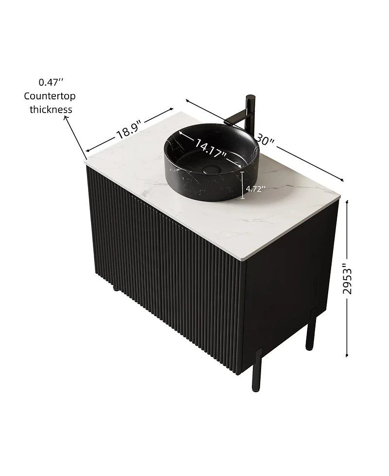 Sillysis 30" Bathroom Vanity with Round Ceramic Sink, Carrara Stone Countertop, 2 Soft Close Doors, Modern Freestanding Storage