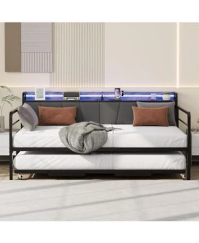 Gaomon Daybed With Trundle Led Light Sturdy Metal Size Bed Frame With Linen Upholstered Headboard Charging Station For Bedroom