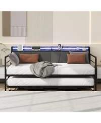 Gaomon Daybed With Trundle Led Light Sturdy Metal Size Bed Frame With Linen Upholstered Headboard Charging Station For Bedroom