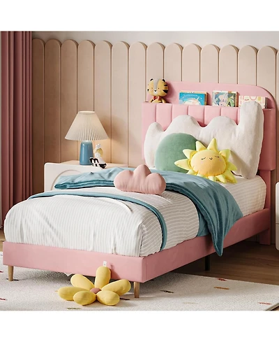 gaomon Upholstered Platform Bed Frame with Bookcase Headboard, Velvet Mattress Foundation,Heavy Duty Steel Support Legs.