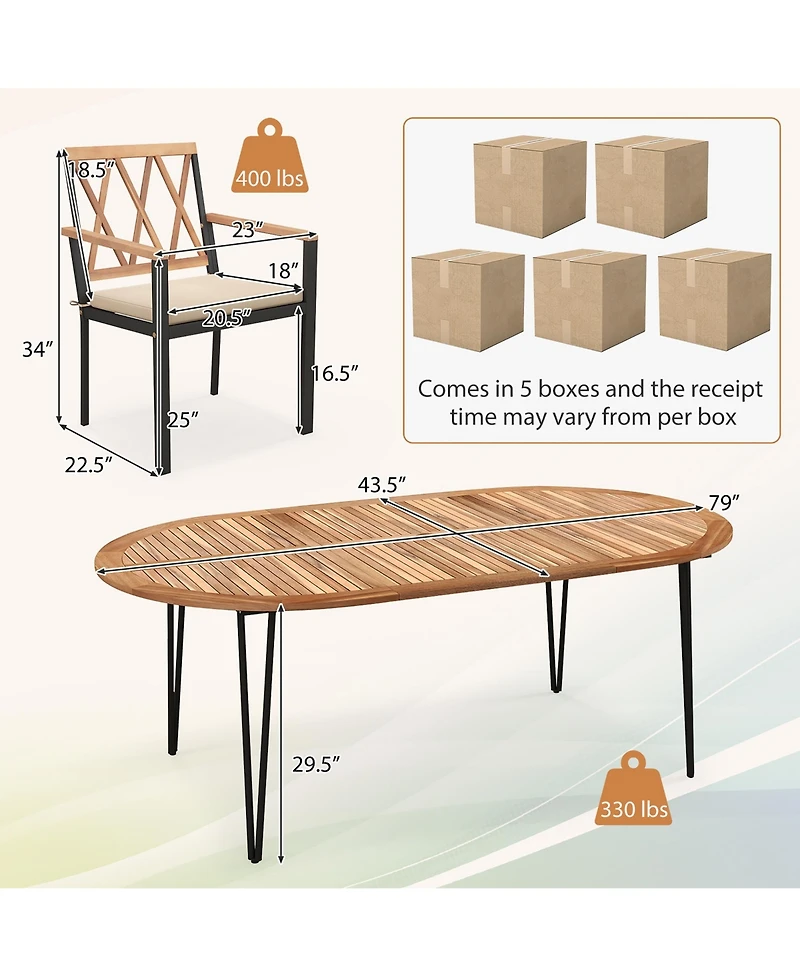 Gymax 9 Pcs Patio Dining Set Table w/ Acacia Wood Top & Umbrella Hole Metal Frame