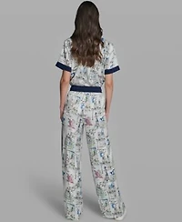 Karl Lagerfeld Paris Womens Short Sleeve Collared Printed Camp Shirt Mid Rise Wide Leg Printed Pants