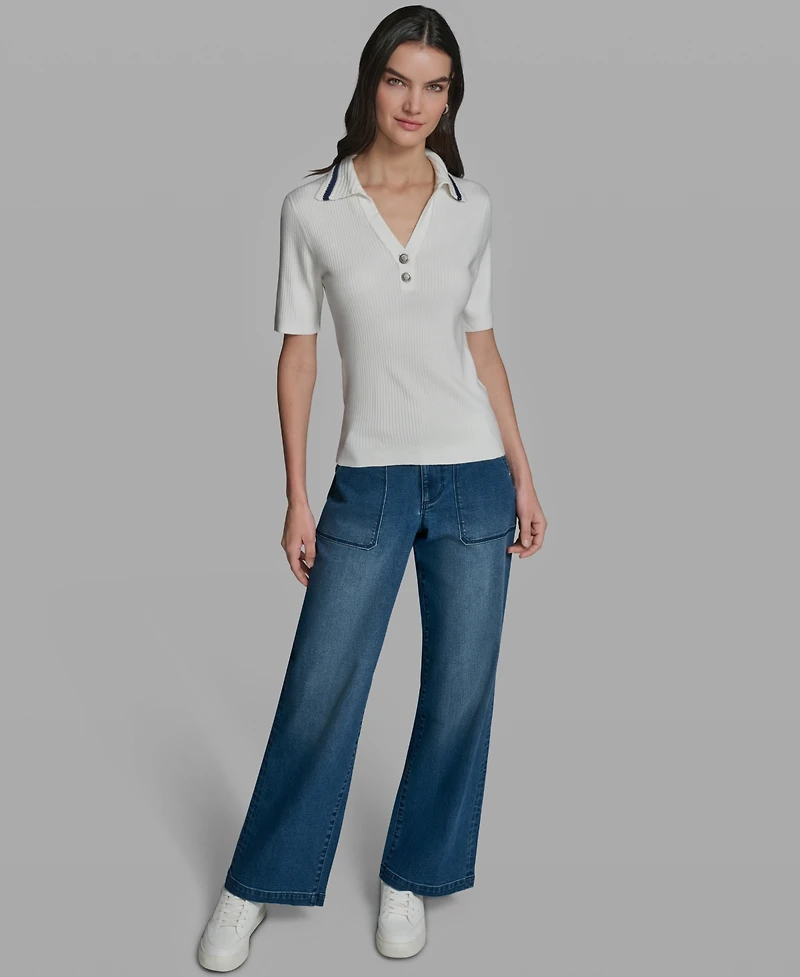 Karl Lagerfeld Paris Women's Short-Sleeve Collared Sweater