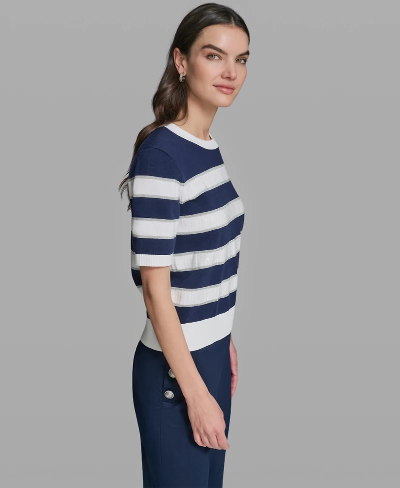 Karl Lagerfeld Paris Women's Short-Sleeve Crewneck Sequin Stripe Sweater