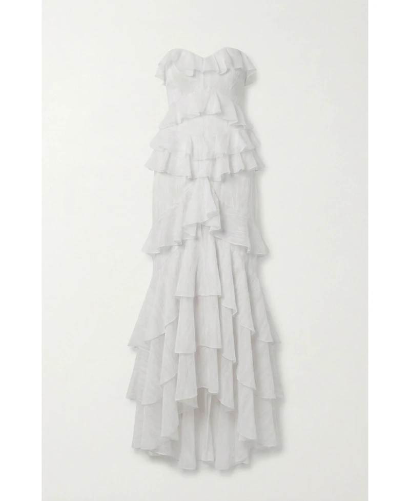 Modenaire Women's Strapless Raw Edge Tiered Ruffle Maxi Dress