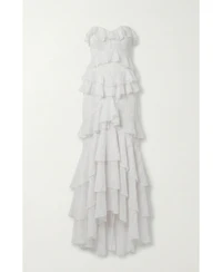 Modenaire Women's Strapless Raw Edge Tiered Ruffle Maxi Dress