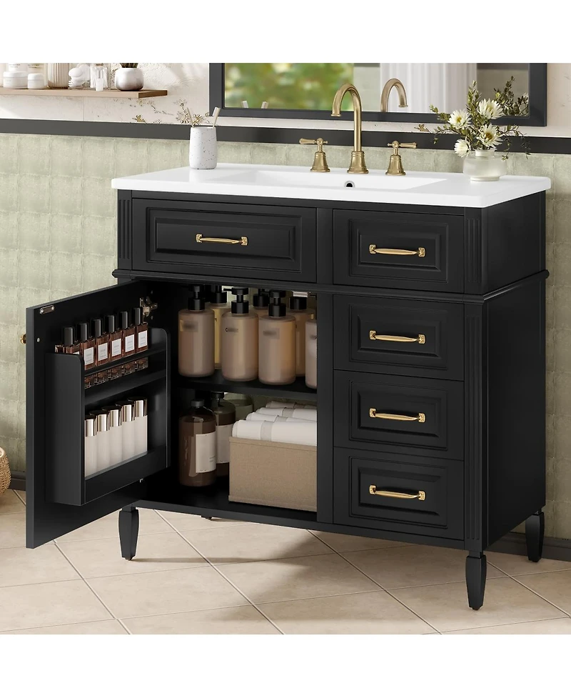 Sillysis 36" Freestanding Bathroom Vanity with Ceramic Sink, Flip Drawers & Adjustable Shelf, Modern Storage Cabinet for Main Bathrooms