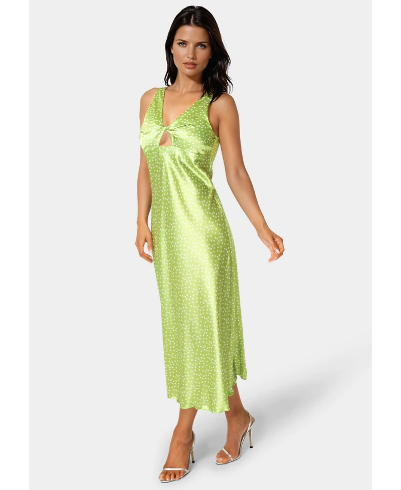 Bebe Women's Swiss Dot Satin Twist Front Maxi Dress