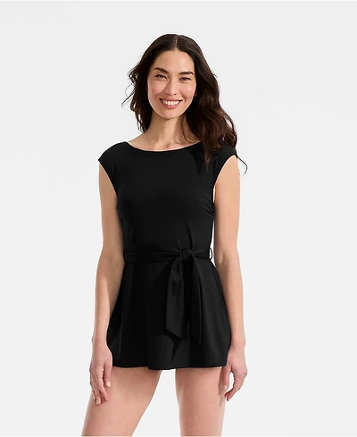 Lands' End Women's Cap Sleeve Tie Belt Mini Swim Dress