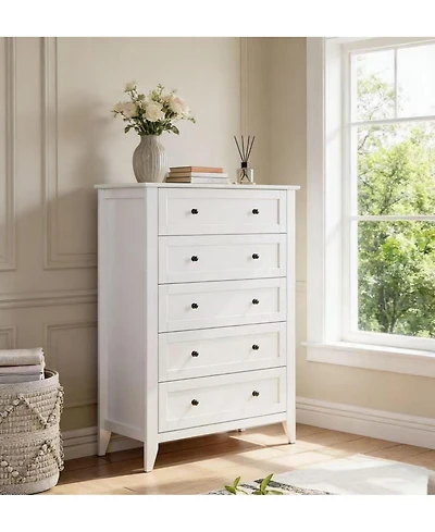 gaomon Modern 5 Drawer Wood Dresser, Tall Chest with Gold Handles & Deep Drawers