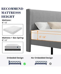 gaomon Bed Frame with Upholstered Headboard,Wooden Platform Bed Frame with 2 Storage Pockets,Vertical Channel Tufted Wingback,Strong Wooden Slats