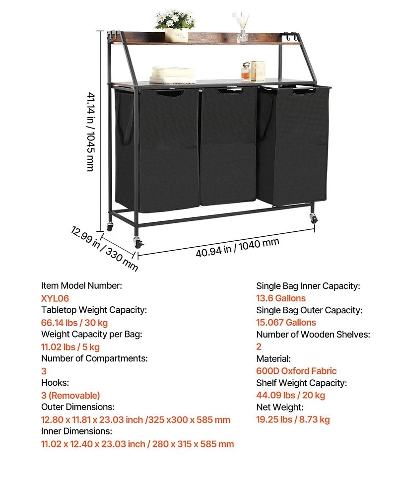 Ecooso 2-Tier Laundry Sorter, 3-Section Rolling Hamper with Wood Top, Ladder Shelves, Metal Frame, 600D Oxford Cloth Bags