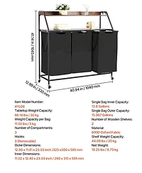 Ecooso 2-Tier Laundry Sorter, 3-Section Rolling Hamper with Wood Top, Ladder Shelves, Metal Frame, 600D Oxford Cloth Bags