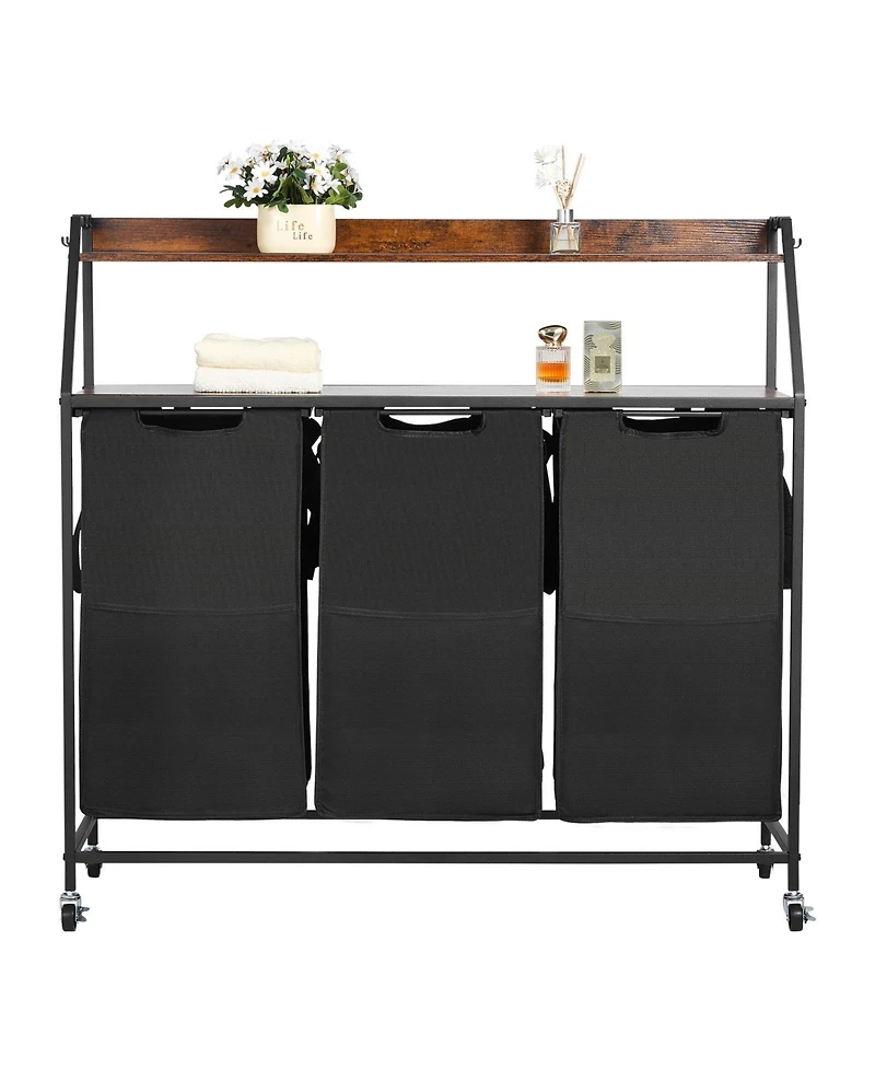 Ecooso 2-Tier Laundry Sorter, 3-Section Rolling Hamper with Wood Top, Ladder Shelves, Metal Frame, 600D Oxford Cloth Bags