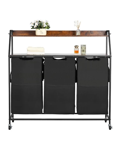 Ecooso 2-Tier Laundry Sorter, 3-Section Rolling Hamper with Wood Top, Ladder Shelves, Metal Frame, 600D Oxford Cloth Bags