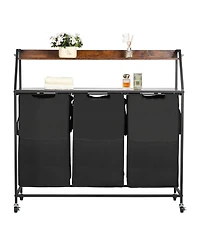 Ecooso 2-Tier Laundry Sorter, 3-Section Rolling Hamper with Wood Top, Ladder Shelves, Metal Frame, 600D Oxford Cloth Bags