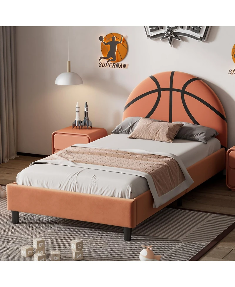Simplie Fun Basketball Design Upholstered Twin Platform Bed Sport Style Bed For Boys & Girls, Teens, Orange