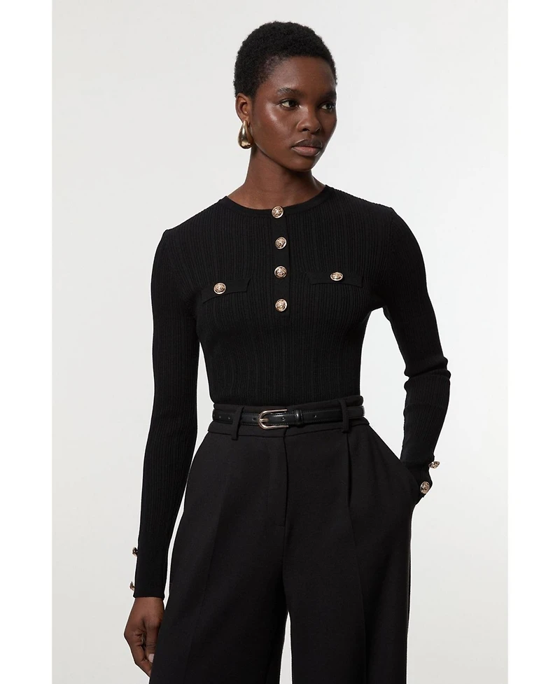 Karen Millen Women's Military Trim Rib Long Sleeve Knit Top