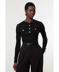 Karen Millen Women's Military Trim Rib Long Sleeve Knit Top