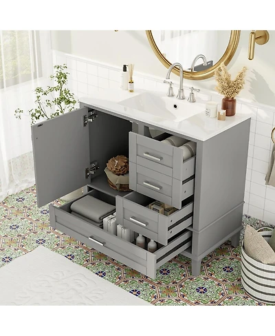 Sillysis 36" Bathroom Vanity with Ceramic Sink, Solid Pine Frame, Soft Close Drawers & Door for Small Spaces