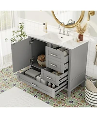 Sillysis 36" Bathroom Vanity with Ceramic Sink, Solid Pine Frame, Soft Close Drawers & Door for Small Spaces