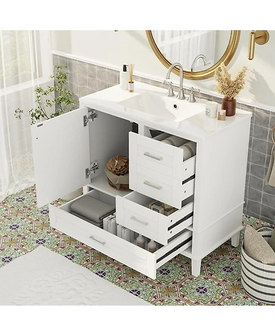 Sillysis Bathroom Vanity with Ceramic Sink, Solid Pine Frame, Soft Close Drawers & Door for Small Spaces