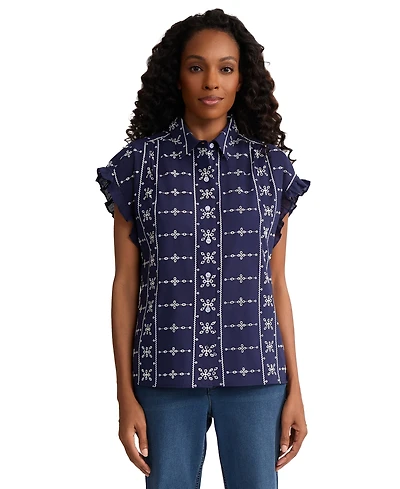 Jones New York Petite Collared Button Front Flutter Short-Sleeve Top