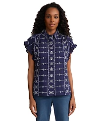 Jones New York Petite Collared Button Front Flutter Short-Sleeve Top