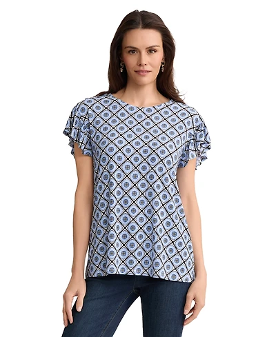 Jones New York Petite Round Neck Flutter Short-Sleeve Top