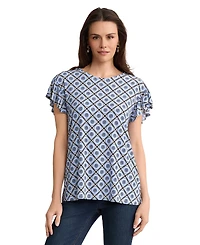 Jones New York Petite Round Neck Flutter Short-Sleeve Top