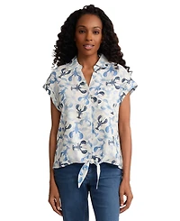 Jones New York Petite Collared Short-Sleeve Tie-Front Button Top