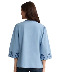 Jones New York Petite V-Neck Embroidered Blouse