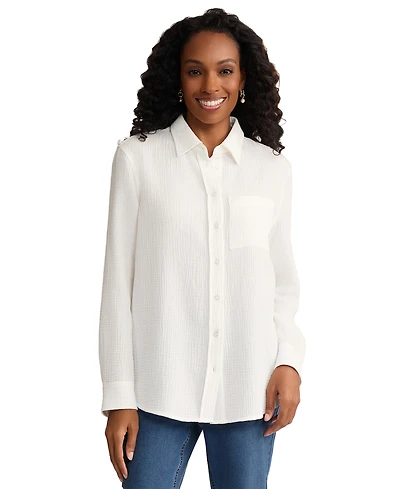 Jones New York Petite Long-Sleeve Button Down Double Gauze Shirt
