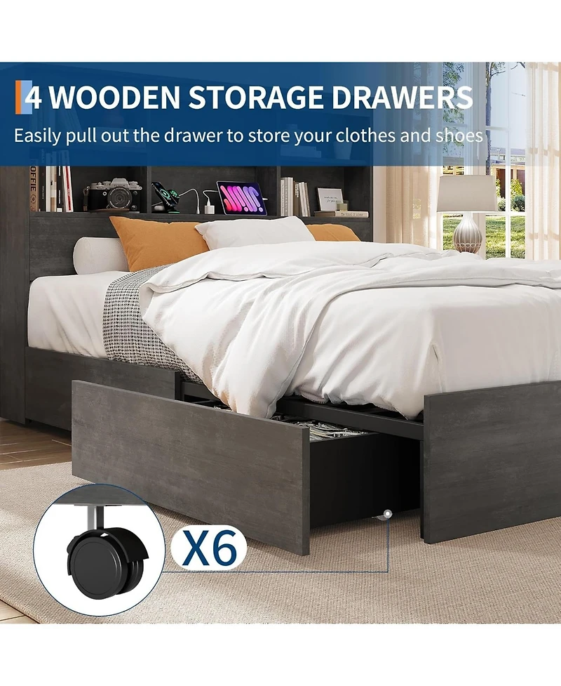 gaomon Bed Frame with Storage Headboard, Wooden Bed Frame with Charging Station, Storage Bookcase & Platform Bed with 4 Drawers