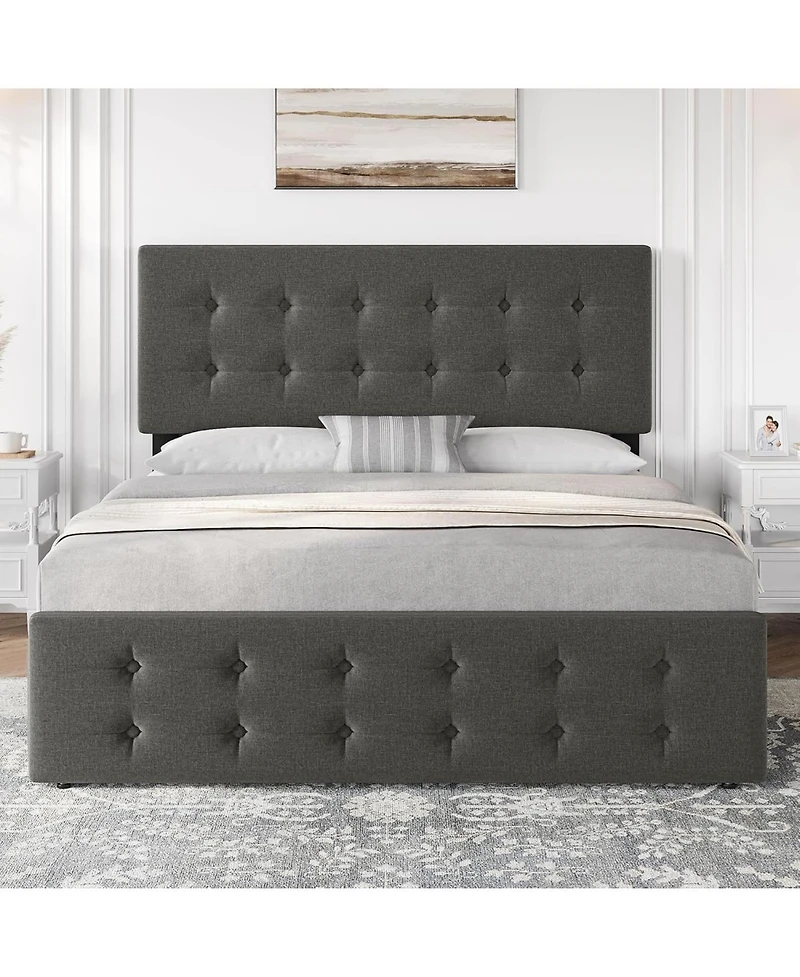 gaomon Bed Frame with Adjustable Headboard, Upholstered Platform Bed Frame with 4 Storage Drawers, Button Tufted Design, Wooden Slats Support.