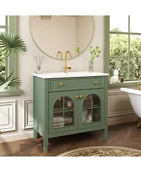 Sillysis 36" Bathroom Vanity with Sink, Medieval Glass Doors, Motion Lighting, Flip Drawer & Adjustable Storage for Modern Bathrooms