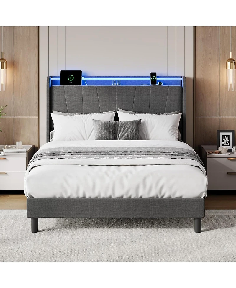 gaomon Bed Frame with Led Lights and Charging Station, Fabric Upholstered Platform Bed Frame with Headboard