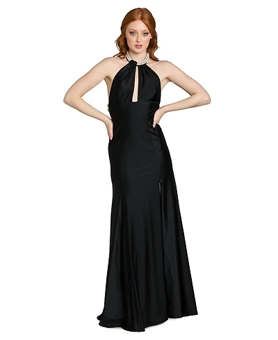 Morgan & Company Juniors' Imitation-Pearl Halter Neck Long Gown