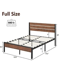 gaomon Rustic Bed Frame with Headboard,Metal Platform Farmhouse Bed Frame Slat,Sturdy Heavy Duty Bed Box Spring Needed