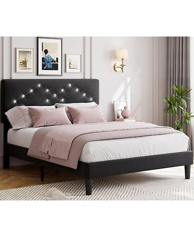 gaomon Upholstered Bed Frame with Button-Tufted Headboard and Wooden Slat Support