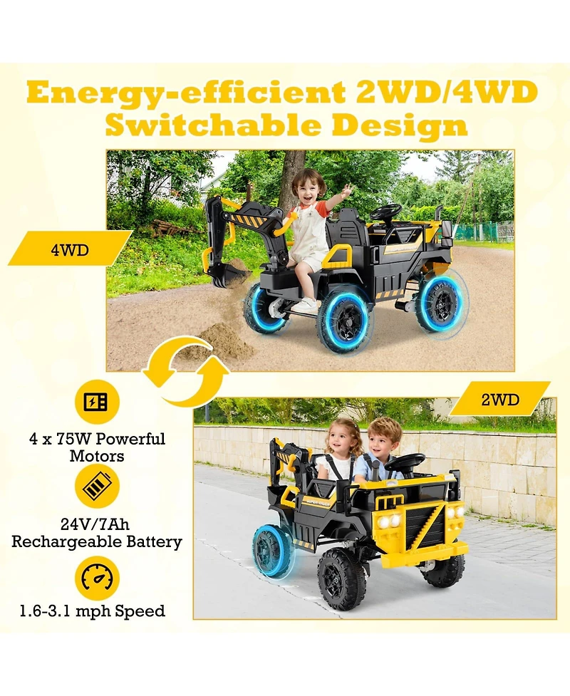 Mecale 24V Ride On Excavator 4WD 2-Seater with Remote Control and Digging Arm