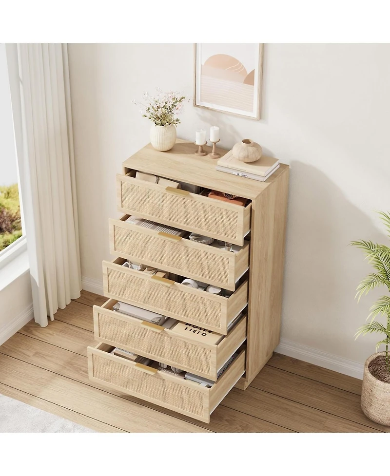 gaomon 5 Drawer Rattan Dresser for Bedroom, Integrated Cabinet Body & Legs Design Entryways and Closet, Easy Assembly