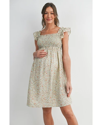 Hello Miz Maternity Smocked Floral Dress with Ruffle Cap Sleeves
